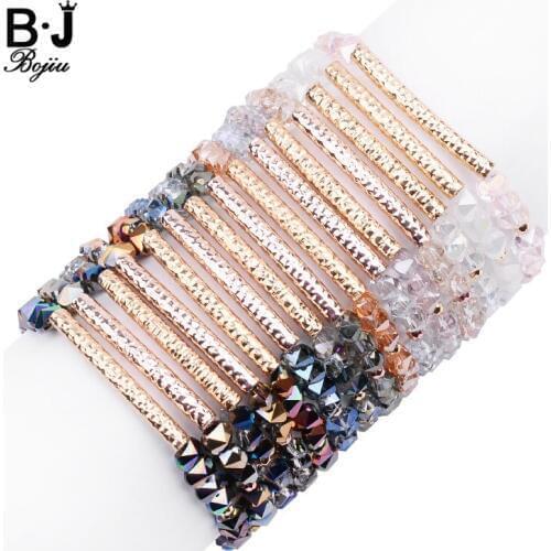BOJIU Boho Geometric Crystal Beads Customized Bracelets For Women Elastic Gold Copper Tube Lady Bracelet Jewelry Wholesale BC340