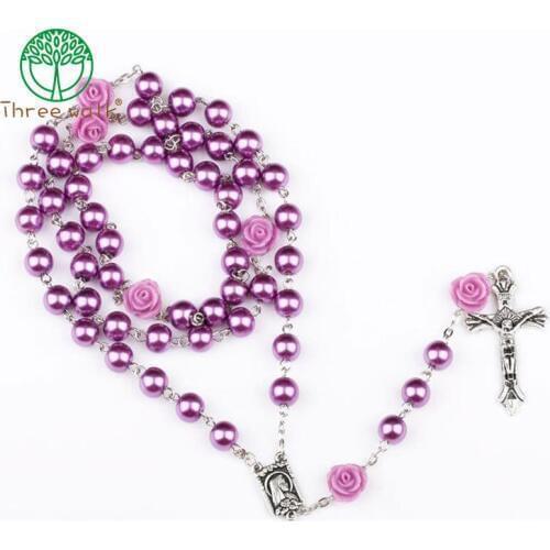 Top Quality Acrylic Beads Catholic Rosary Cross Pendant Necklace Statement Colorful Beads Religious Maxi Necklace For Women