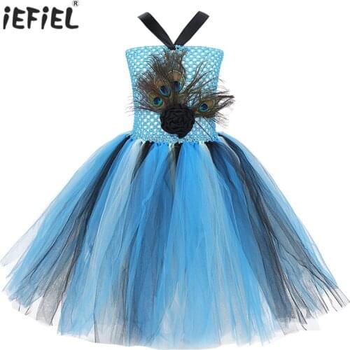 IEFiEL Kids Girls Sleeveless Peacock Feather Flower Mesh Tutu Dress Halloween Costume Carnival Cosplay Theme Party A-line Dress