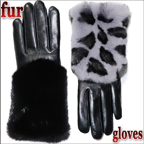 Leather gloves female models Rex rabbit hair mink hair winter warm thickened fur high-grade female sheepskin gloves touch screen