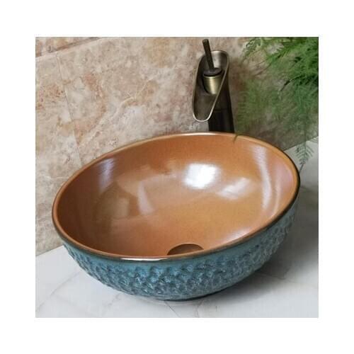 Bathroom Round Ceramic Vessel Sink Vanity Artistic Basin with Pop up Drain Combo AB250