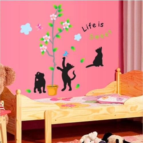 Cute Kitty Tree Branch Wall Sticker Butterfly Black Cat Animals Removable PVC Wall Decal Kids Room Decor