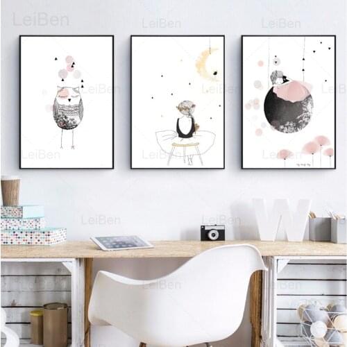 Cartoon Girl Stick Figure Canvas Painting Modern Cute Abstract Art Posters and Prints Home Decoration Childrens Room Nursery