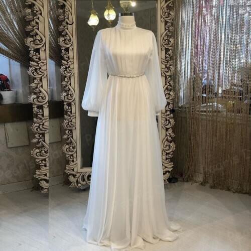 Muslim High Neck Long Sleeves Evening Dresses Chiffon Zipper Crystals Prom Dress Long Sleeves Formal Party Gowns 2021