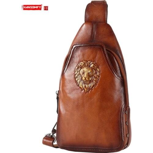 Genuine Leather Chest Bag Mens Shoulder Messenger Bag Fashion Casual Small Back Pack Trend Cowhide New Vintage Soft Men Zipper