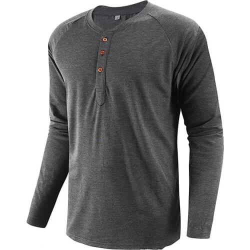 Regular Solid Color Buttons Men T-shirt Sweat-absorbing Long Sleeve O-neck Tee Shirt Working Out Male Clothing Dropshipping