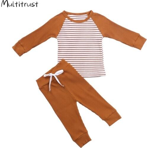Toddler Boy Clothes 2020 Stripes Round-Neck Long-Sleeves T-Shirt + Solid Color Elastic Waist Pants Suits Size 1-5Y