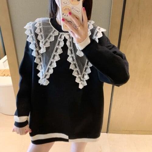 Autumn and winter temperament fashion new style mesh lace collar loose pullover long sleeve round neck knitted sweater women