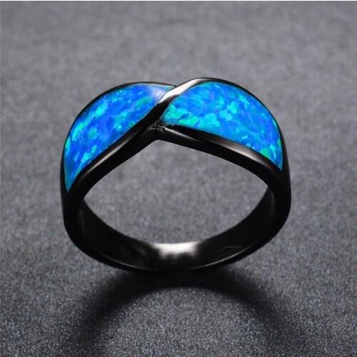 Unique Female Blue Fire Opal Ring Fashion 14KT Black Gold Wedding Rings For Women Promise Love Engagement Ring