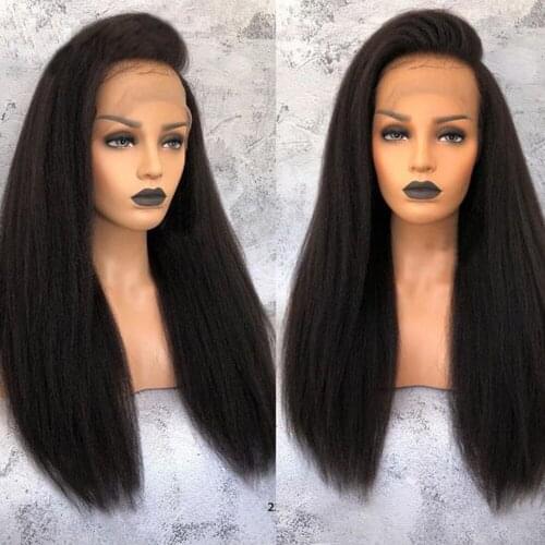 Yaki 180 % Density 26 Inch Long Kinky Straight Synthetic Front Lace Wig For Black Women Babyhair Preplucked Cosplay Daily Soft