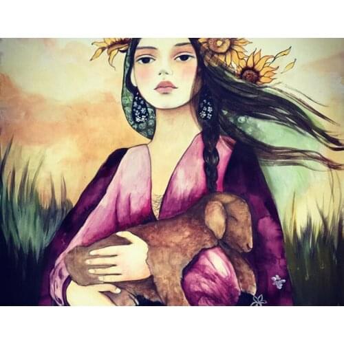 Woman with lamb Diamond Embroidery Full Round 5D Diy Kit Diamond Painting Cross Stitch