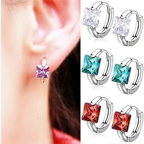 Bluelans Womens Huggie Earrings Square Cubic Zirconia Silver Plated Eardrop