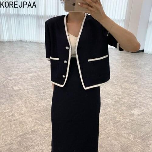 Korejpaa Women Sets 2021 Summer Korean Chic French V-Neck Trim Contrast Color Button Short Coat High-Waisted Straight Skirts
