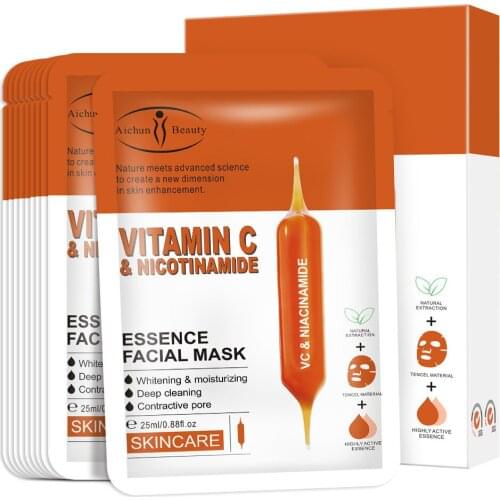 10pcs Vitamin C Blood Orange Nicotinamide Facial Mask Fades Fine Lines Whitening Brightens Skin Moisturizing Face Mask