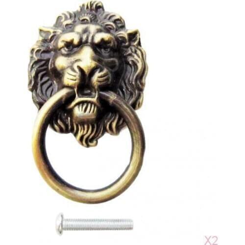 2pcs Antique Brass Metal Lion Head Drawer Ring Door Pull Handle Dresser Drawer
