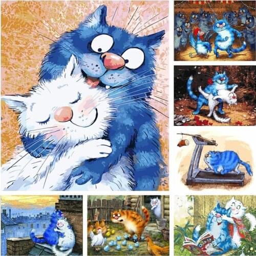 5D Diy Cartoon Blue Cat and White Cat Wall Art Home Decor Diamond Painting Mosaic Full Drill Rhinestone Cross Stitch Embroidery