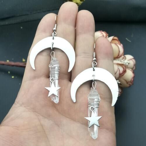 Aura Quartz, Moon&star Gift,dangle Earrings,Pagan Gift, Wicca Jewelry