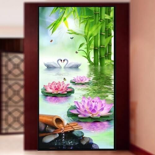 Bamboo swan lotus Large 5D DIY Diamond Painting Full Square Drill Embroidery Round Mosaic Needlework home decoration AA2746