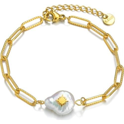 Stainless Steel Curb Cuban Link Chain Bracelets Gold Chains Woman Girl Pear Freshwater Bracelet Adjustable Wrist Jewelry Gift