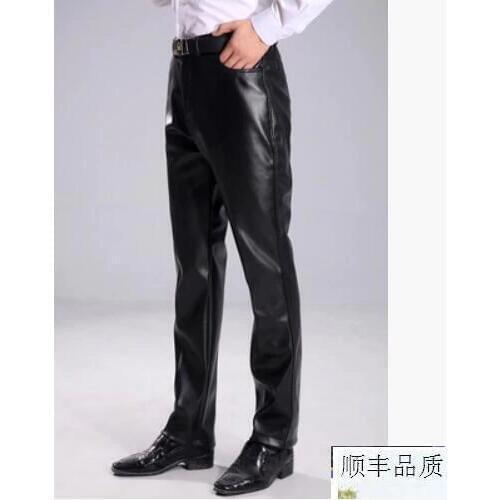 Spring and autumn mens leather pants casual slim elderly male straight high waist motorcycle leather trousers mens windproof