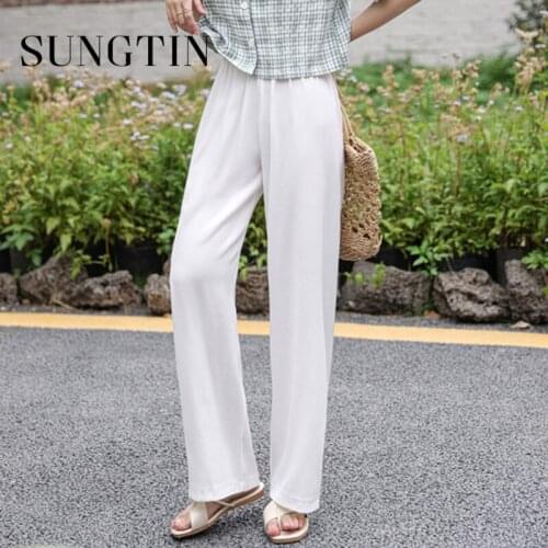 Sungtin Summer White Wide Leg Pants Women Casual Solid Elastic High Waisted Loose Long Pants Korea Fashion Vintage Cozy Trousers