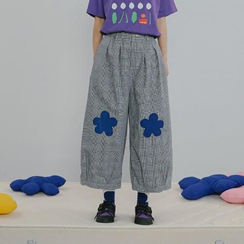 Summer New Women Oversized Casual Pants Capris Flower Patch Wide-leg Pants Plaid Elastic Waist Cotton Lady Trouser Ankle-length
