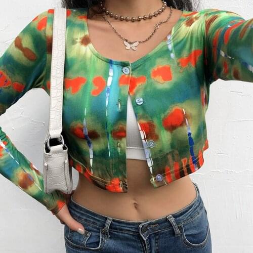 Tie Dye Print Long Sleeve Graphic T Shirts Women Casual Green Y2K Grunge Style Crop Top T Shirt Ladies Autumn 2021 Fashion New