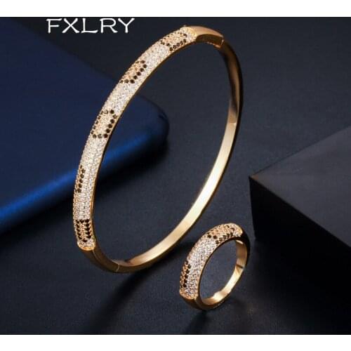 FXLRY High Quality Cubic Zirconia Rose Gold /White Color Leopard Rings And Bangle Bracelet Jewelry Sets For Women