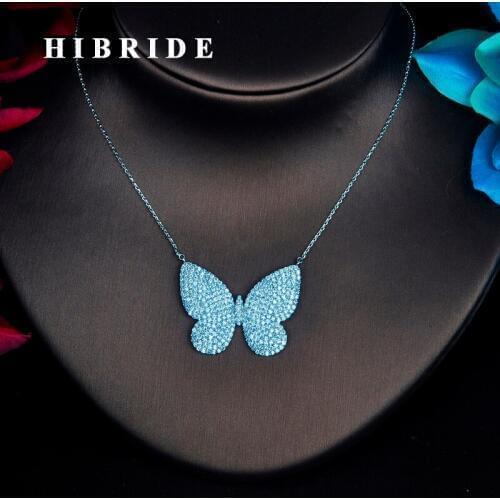 HIBRIDE Luxury Cubic Zircon Butterfly Necklace Women Girl Pendant Necklace Sweater Chain Dress Accessories Jewelry Gifts N-390