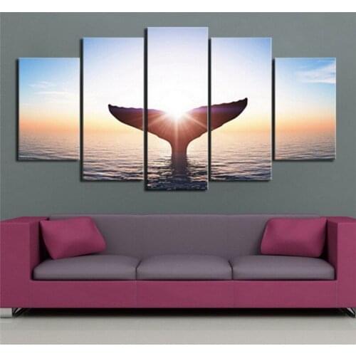 Canvas Painting Frame Wall Art Picture For Living Room Decor 5 Panel Modern HD Printed Whale Tail Sea View Sunrise Poster