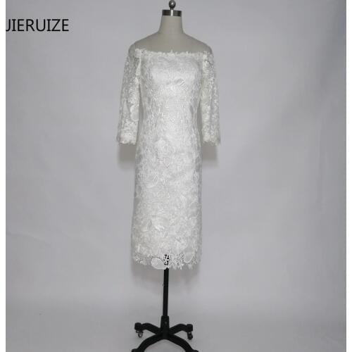 JIERUIZE White Vintage Lace Short Evening Dresses Off the Shoulder 3/4 Sleeves Formal Dresses Mother of The Bride Dresses