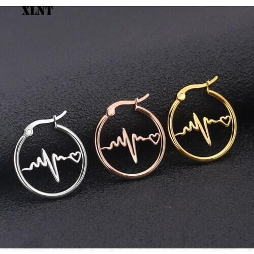 XLNT 25mm diameter small cute Heart Beat Hoop ear ring Stainless steel Smooth for wear Special offer free shipping