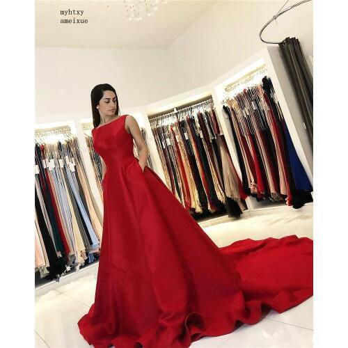 Red Scoop Backless Floor Sexy Length Court Train High Quality Satin Pleated Evening Dresses Vestidos De Fiesta De Noche Cheap