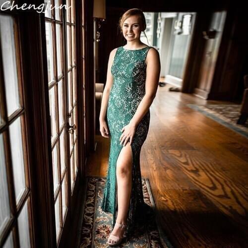 Chengjun Sleeveless High Slit Lace Emerald Green Long Mermaid Bridesmaid Dress
