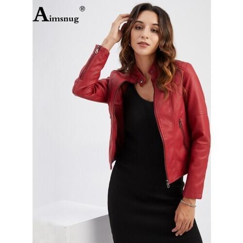 Aimsnug Faux Pu Leather Jacket Short Women Garmenting 2020 Autumn Outerwear Zip up Office Lady Coat Slim Femme Biker Jackets
