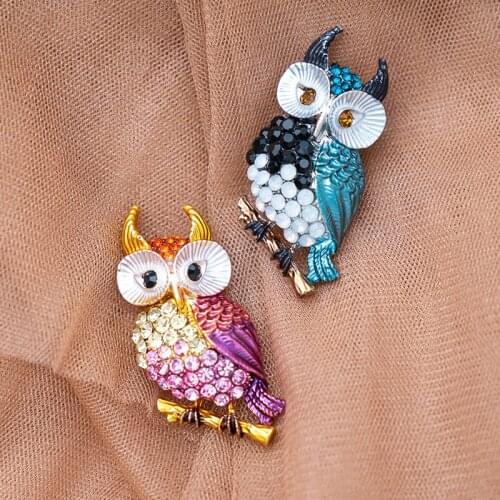 Trendy 2 Colors Owl Brooches Blue Red Rhinestone Animal Pin Creative Jewelry For Women Dress Scarf Charm Accessories Gift