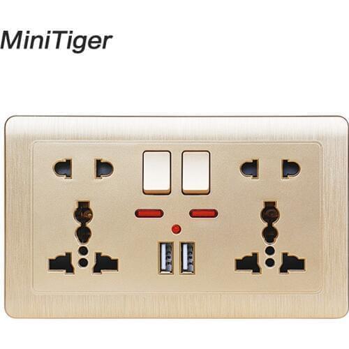 Minitiger Gold Wall Power Socket Double Universal 5 Hole Switched Outlet 2.1A Dual USB Charger Port LED indicator 146mm*86m