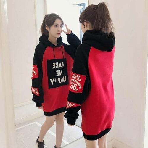 Autumn Winter Clothes Casual Fleece Loose Long Sleeve Patchwork Long Pullover Dropship Hooded Hoodies Women Sweatshirt Thick