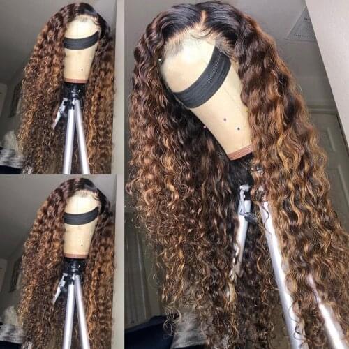 Ombre Brown Blonde Colored Wig Brazilian Afro Kinky Curly Wig 13x6 Highlight HD Transparent Lace Wig 250 Density Remy Preplucked