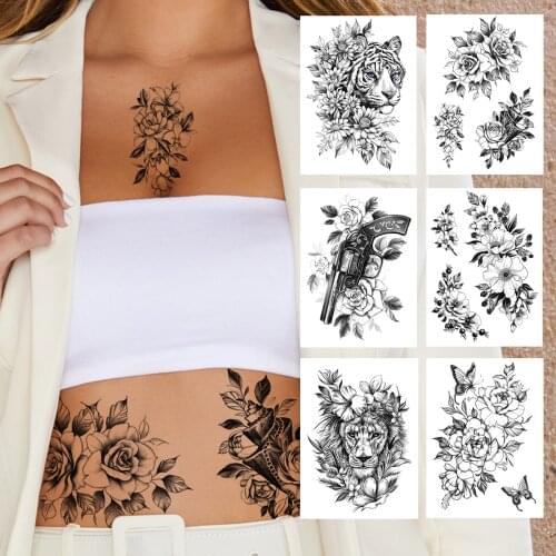 Sexy Flower Peony Temporary Tattoos For Women Girls Lion Fake Pistol Leopard Tattoo Sticker Black Makeup Tools Tatoos Supplies