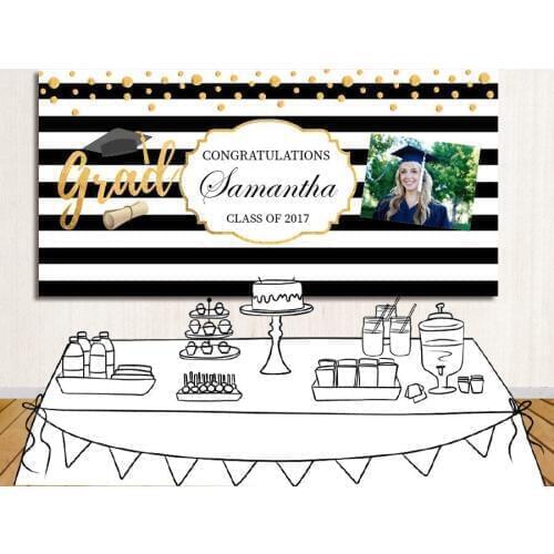 Custom high school graduation gold polka dot black and white striped backdrop High quality Computer print party background