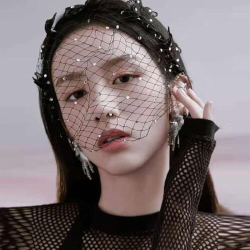 Black Mesh Rhinestone Veil Accessories Headband Vintage Bow for Woman Simple Short Wedding for Nightclub 2021