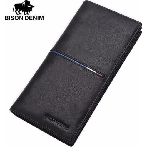 BISON DENIM luxury brand men wallets genuine leather long slim bifold wallet business male card holder purse
