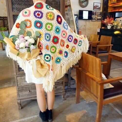 Handmade Crochet Tassel Scarf wraps women Big flower autumn winter scarves poncho Christmas Gift granny square Scarf