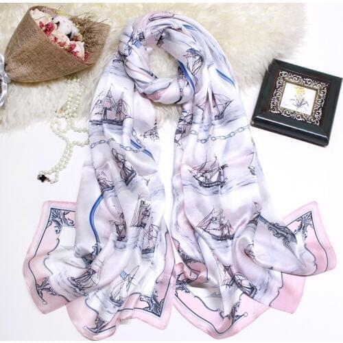 Sailboat Pink Design Scarf Girl Elegant Wear Wraps Pure Silk Long Shawl Womens Scarves Beach Skin Protection Pashmina KZSCJ45