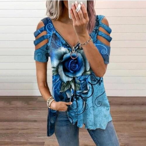 Loose Casual Printing Rose Printing T-shirt Top Summer Womens Short-sleeved V-neck Top Fashion Trend T-shirt Shirt Plus Size