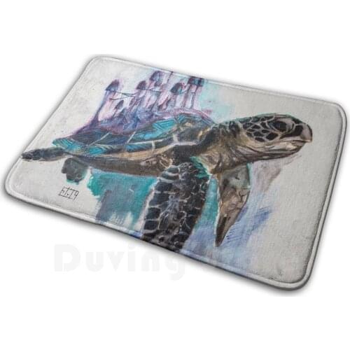 Terrance The Turtle | A Sea Turtle With Mushrooms Carpet Mat Rug Cushion Soft Non - Slip Turtle Mushrooms Sea Blue Green