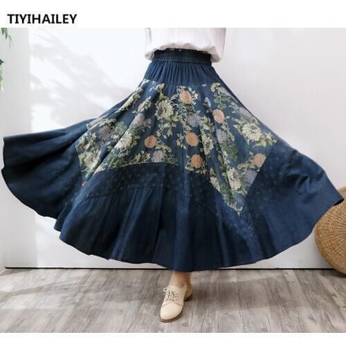 TIYIHAILEY Free Shipping Fashion Long Maxi A-line Skirts Women Elastic Waist Spring And Summer Denim Jeans Vintage Flower Print