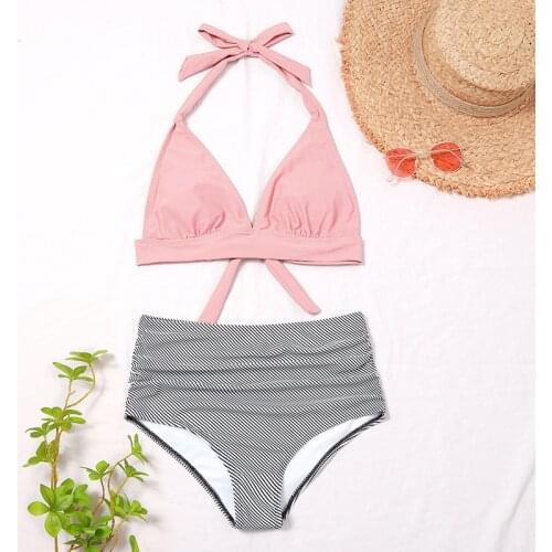 2pcs/Set Women Summer Swimming Suit Pure Color High Waist Sexys Bikini Splits Swimming suit d88