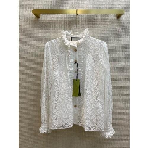 2021 women fashion Lace stand collar embroidered lace long-sleeved shirt TC210821